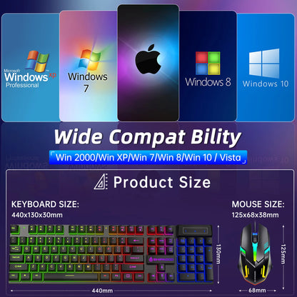 Gaming Keyboard & Mouse, 104 Keys LED RGB Backlit Quiet Computer Keyboard, Multimedia Keys, 26 Anti-Ghosting Keys, Waterproof Light up USB Wired Keyboard for PC Gamers Desktop Computer Laptop,Black