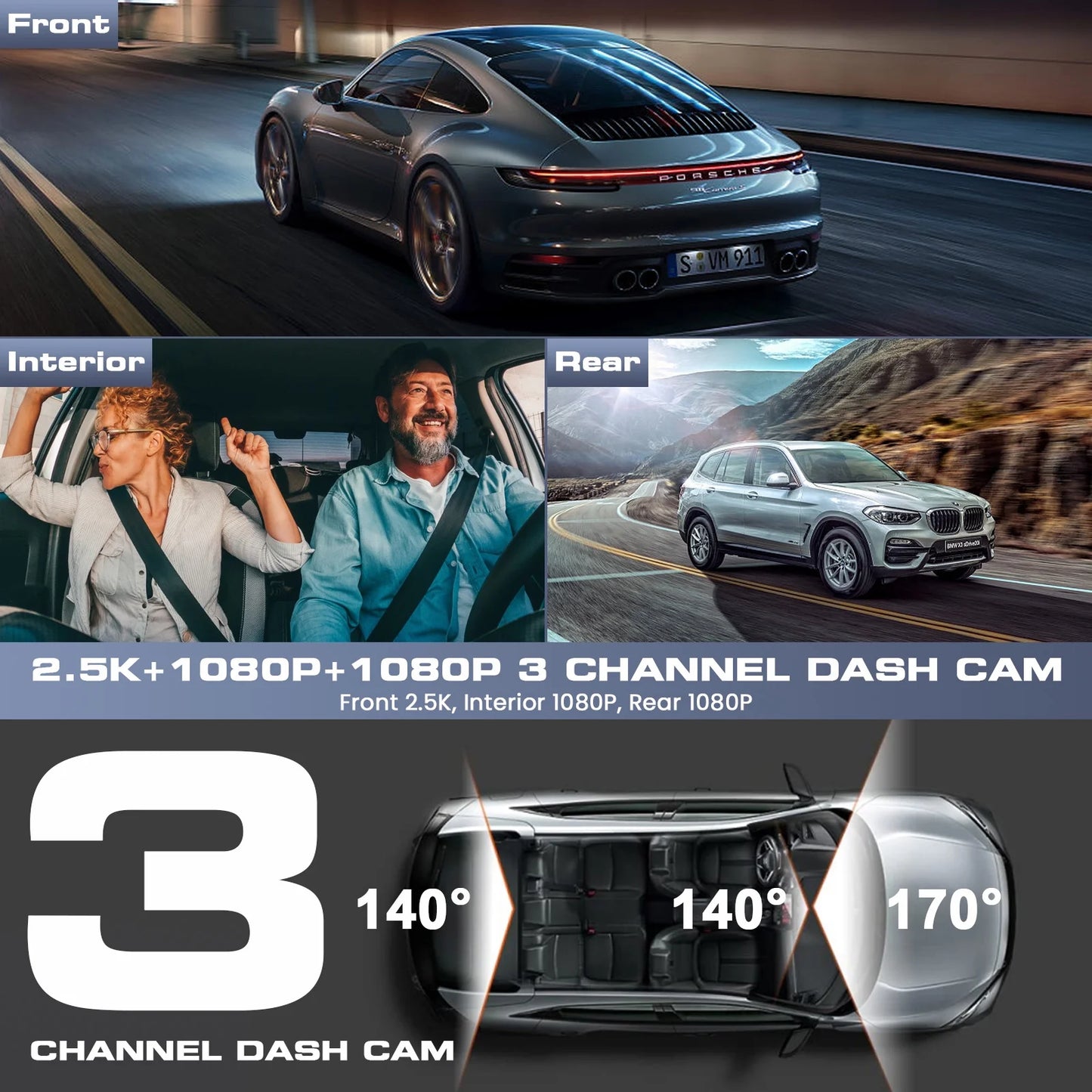 3 Channel Dash Cam Front and Rear Inside, 4K/2.5K + 1080P Dash Camera for Cars with Wi-Fi GPS, Night Vision, Backup Camera, 3.16" IPS Screen, 24H Parking Mode, WDR, Type-C, 64GB SD Card Includ
