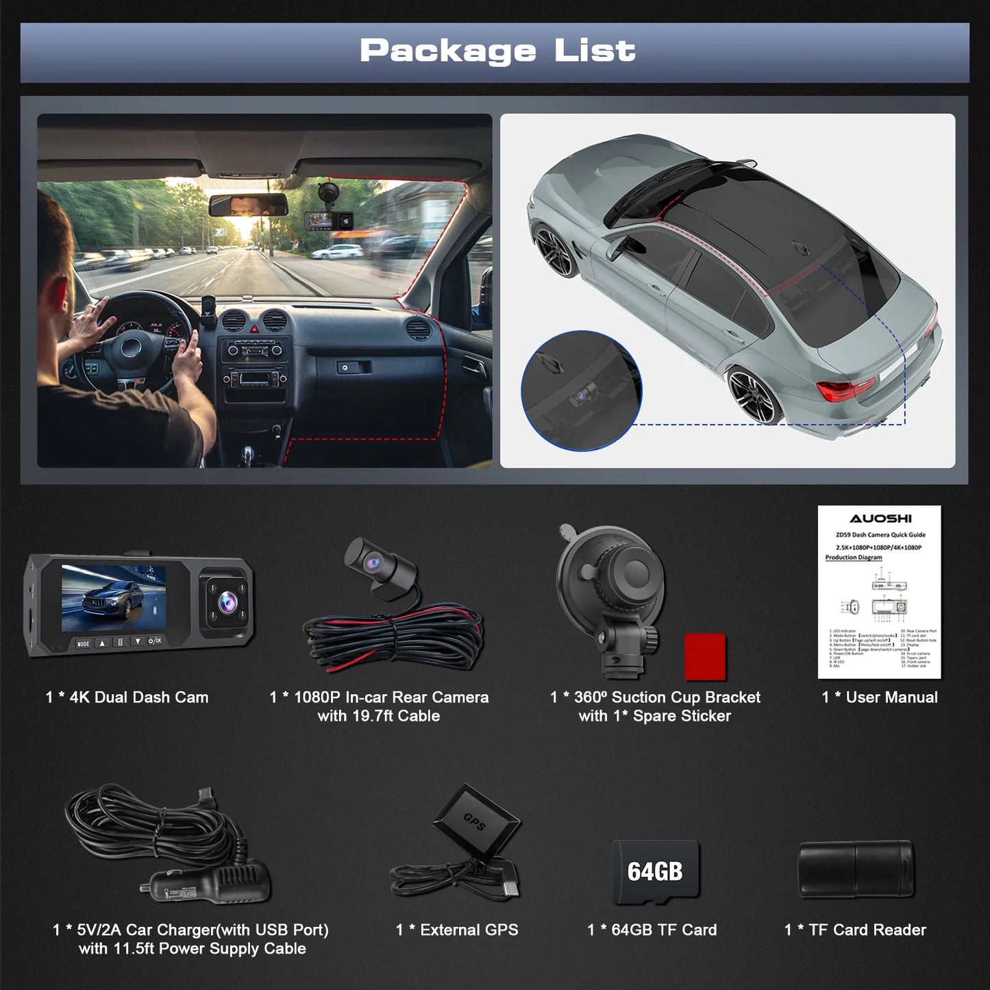 3 Channel Dash Cam Front and Rear Inside, 4K/2.5K + 1080P Dash Camera for Cars with Wi-Fi GPS, Night Vision, Backup Camera, 3.16" IPS Screen, 24H Parking Mode, WDR, Type-C, 64GB SD Card Includ
