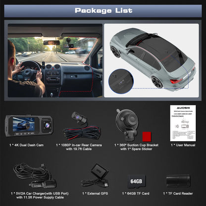 3 Channel Dash Cam Front and Rear Inside, 4K/2.5K + 1080P Dash Camera for Cars with Wi-Fi GPS, Night Vision, Backup Camera, 3.16" IPS Screen, 24H Parking Mode, WDR, Type-C, 64GB SD Card Includ