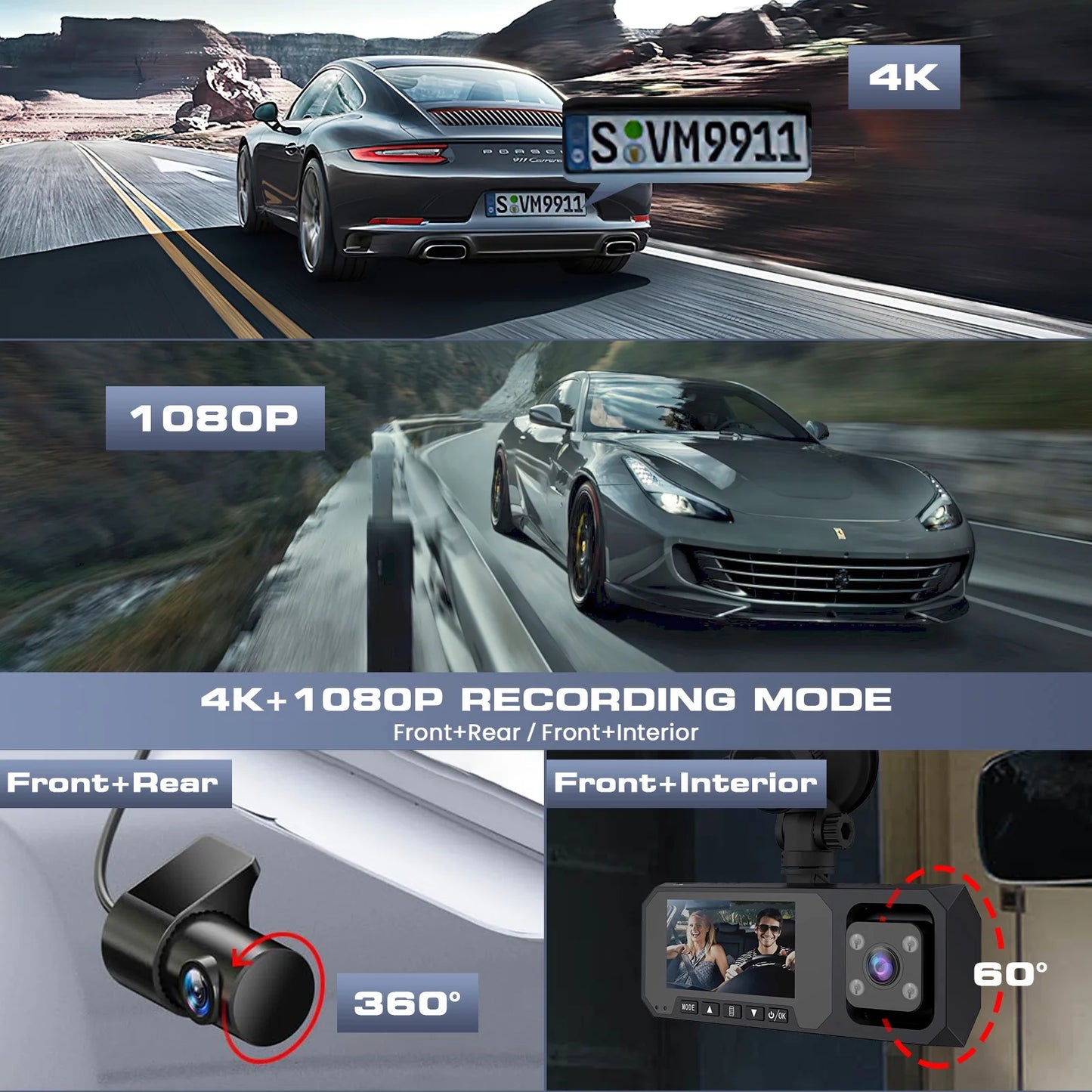3 Channel Dash Cam Front and Rear Inside, 4K/2.5K + 1080P Dash Camera for Cars with Wi-Fi GPS, Night Vision, Backup Camera, 3.16" IPS Screen, 24H Parking Mode, WDR, Type-C, 64GB SD Card Includ