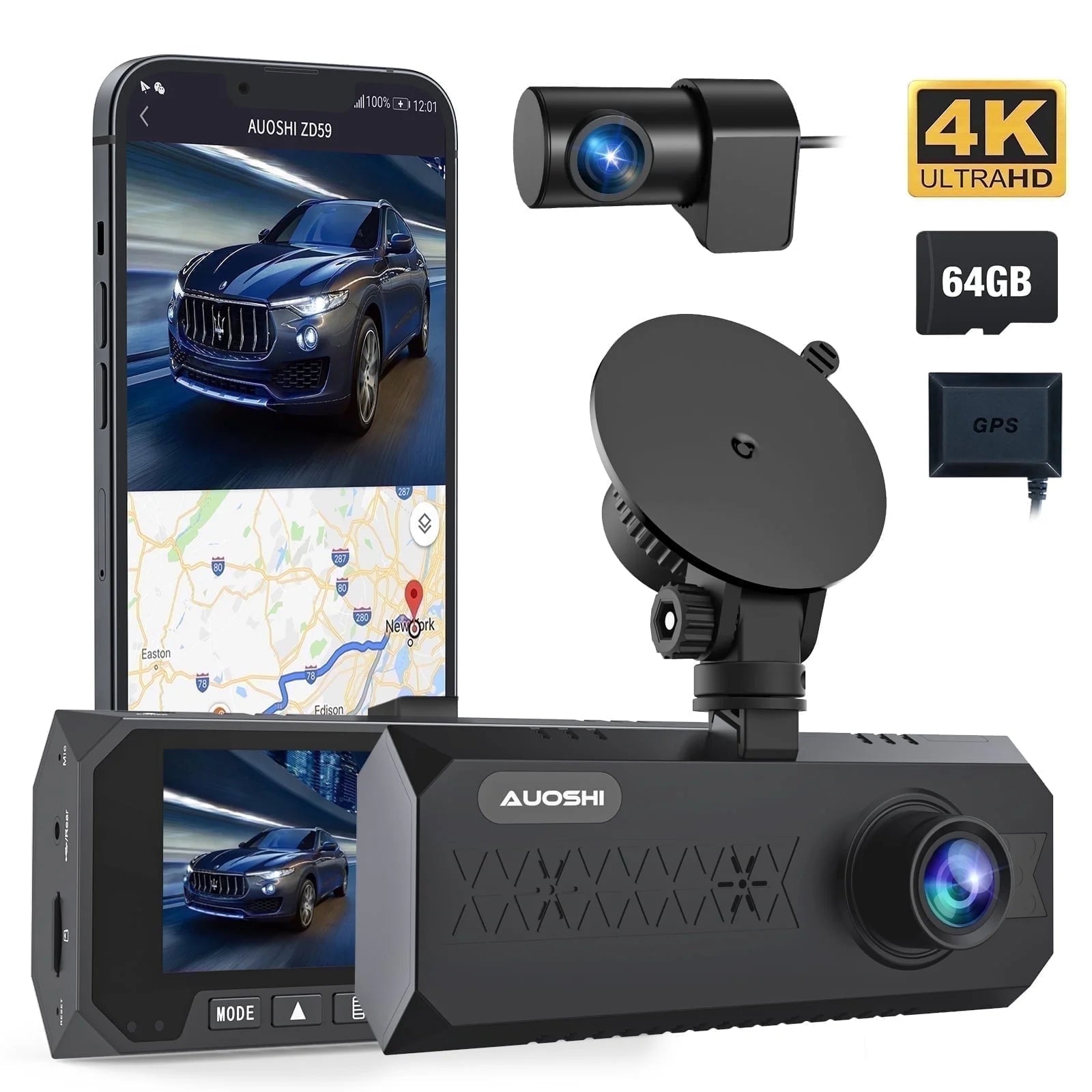 3 Channel Dash Cam Front and Rear Inside, 4K/2.5K + 1080P Dash Camera for Cars with Wi-Fi GPS, Night Vision, Backup Camera, 3.16" IPS Screen, 24H Parking Mode, WDR, Type-C, 64GB SD Card Includ