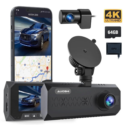 3 Channel Dash Cam Front and Rear Inside, 4K/2.5K + 1080P Dash Camera for Cars with Wi-Fi GPS, Night Vision, Backup Camera, 3.16" IPS Screen, 24H Parking Mode, WDR, Type-C, 64GB SD Card Includ