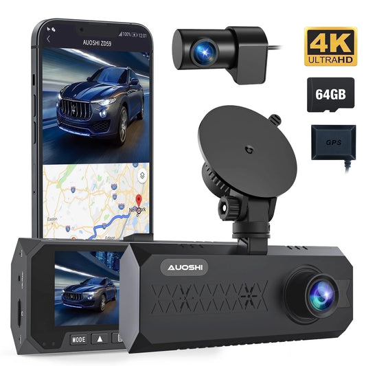 3 Channel Dash Cam Front and Rear Inside, 4K/2.5K + 1080P Dash Camera for Cars with Wi-Fi GPS, Night Vision, Backup Camera, 3.16" IPS Screen, 24H Parking Mode, WDR, Type-C, 64GB SD Card Includ